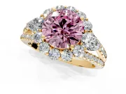 Halo Engagement Ring Setting for Fancy Pink Round Cut Center with Two-Strand Split Shank and Prong Head in Yellow Gold