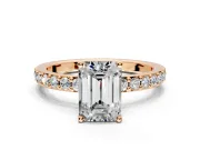 Solitaire Engagement Ring Setting for Emerald Cut Center with Round Cut Pave Band and Prong Head in Rose Gold