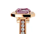 Halo Engagement Ring Setting for Fancy Pink Asscher Cut Center with Outer Bezel Rim, Pave Band and Prong Head in Rose Gold