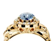 Halo Engagement Ring Setting for Fancy Blue Pear-Shaped Center with Open Scroll Shoulders and Prong Head in Yellow Gold