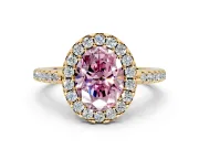 Pave Halo Engagement Ring Setting for Fancy Pink Oval Center with Single Row Pave Band and Prong Head in Yellow Gold