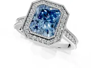 Halo Engagement Ring Setting for Fancy Blue Radiant Cut Center with Milgrain Pave Band and Bezel Head in White Gold