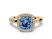 Halo Engagement Ring Setting for Fancy Blue Cushion Cut Center with Pave and Plain Twist Band and Prong Head in Yellow Gold