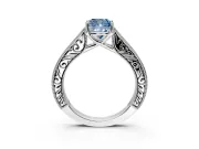Solitaire Engagement Ring Setting for Fancy Blue Cushion Cut Center with Engraved Pave Band and Prong Head in Platinum