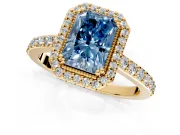 Halo Engagement Ring Setting for Fancy Blue Radiant Cut Center with Inner Milgrain Border and Prong Head in Yellow Gold