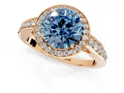 Bezel-Framed Halo Engagement Ring Setting for Fancy Blue Round Cut Center with Pave Band and Prong Head in Rose Gold