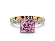 Open Basket Engagement Ring Setting for Fancy Pink Princess Cut Center with Pave Band and Prong Head in Yellow Gold