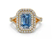 Double Halo Engagement Ring Setting for Fancy Blue Emerald Cut Center with Narrow Pave Split Shank and Prong Head in Yellow Gold