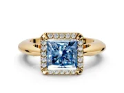 Halo Engagement Ring Setting for Fancy Blue Princess Cut Center with Tapered Plain Band and Prong Head in Yellow Gold