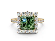 Halo Engagement Ring Setting for Fancy Green Princess Cut Center with Single-Row Pave, Open Basket and Prong Head in Yellow Gold