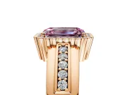Halo Engagement Ring Setting for Fancy Pink Emerald Cut Center with Wide Band, Inlaid Accent Row and Prong Head in Rose Gold