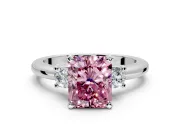 3 Stone Engagement Ring Setting for Fancy Pink Radiant Cut Center with Wide Plain Band and Prong Head in Platinum