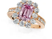 Halo Engagement Ring Setting for Fancy Pink Emerald Cut Center with Milgrain Channel Band and Prong Head in Rose Gold