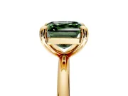 Low-Set Solitaire Engagement Ring Setting for Fancy Green Asscher Cut Center with Thin Plain Band and Prong Head in Yellow Gold
