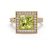 Halo Engagement Ring Setting for Fancy Yellow Princess Cut Center with Milgrain Pave Band and Bezel Head in Yellow Gold