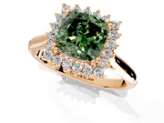 Starburst Halo Engagement Ring Setting for Fancy Green Cushion Cut Center with Thin Round-Wire Band and Prong Head in Rose Gold