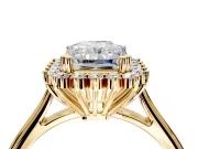 Starburst Halo Engagement Ring Setting for Radiant Cut Center with Thin Round-Wire Band and Prong Head in Yellow Gold