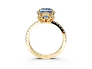 Halo Engagement Ring Setting for Fancy Blue Princess Cut Center with Openwork Halo, Pave Band and Prong Head in Yellow Gold