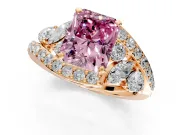 Halo Engagement Ring Setting for Fancy Pink Radiant Cut Center with Marquise and Pave Bypass Band and Prong Head in Rose Gold