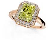 Halo Engagement Ring Setting for Fancy Yellow Radiant Cut Center with Plain Tapered Band and Prong Head in Rose Gold