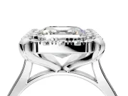 Single Halo Engagement Ring Setting for Asscher Cut Center with Corner Claws, Plain Band and Prong Head in Sterling Silver