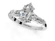 Bar-Set Engagement Ring Setting for Pear-Shaped Center with Tapered Baguette Accents and Prong Head in Platinum
