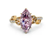 Leaf Motif Engagement Ring Setting for Fancy Pink Marquise Center with Pave Band and Prong Head in Yellow Gold
