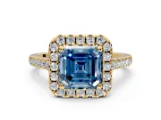 Halo Engagement Ring Setting for Fancy Blue Asscher Cut Center with Raised Halo, Pave Band and Prong Head in Yellow Gold