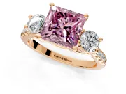3 Stone Engagement Ring Setting for Fancy Pink Princess Cut Center with Crossover Basket, Pave Band and Prong Head in Rose Gold