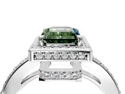 Halo Engagement Ring Setting for Fancy Green Emerald Cut Center with Metal-Rimmed Halo, Pave Band and Prong Head in White Gold