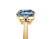 3 Stone Engagement Ring Setting for Fancy Blue Asscher Cut Center with Low-Set Round Cut Accents and Prong Head in Yellow Gold