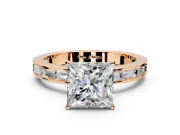 Solitaire Engagement Ring Setting for Princess Cut Center with Channel Baguette Band and Prong Head in Rose Gold