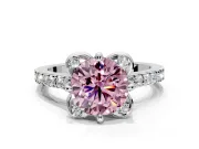 Floral Engagement Ring Setting for Fancy Pink Round Cut Center with Pave Band and Floral Prong Head in Platinum