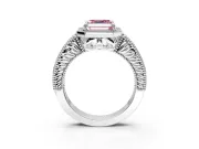 Milgrain Halo Engagement Ring Setting for Fancy Pink Asscher Cut Center with Pave Band and Prong Head in White Gold
