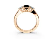 3 Stone Engagement Ring Setting for Fancy Black Emerald Cut Center with Raised Basket Heads and Prong Head in Rose Gold