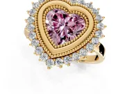 Halo Engagement Ring Setting for Fancy Pink Heart-Shaped Center with Milgrain Bezel Rim, Plain Band and Prong Head in Yellow Gold