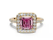 Halo Engagement Ring Setting for Fancy Pink Asscher Cut Center with Pave Accents, Heart Basket and Prong Head in Yellow Gold