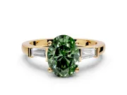 3 Stone Engagement Ring Setting for Fancy Green Oval Center with Channel Baguette Accents and Prong Head in Yellow Gold