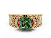 Pave Engagement Ring Setting for Fancy Green Cushion Cut Center with Curved Accent Rows, Openwork and Prong Head in Yellow Gold