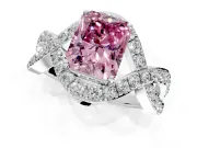 Halo Engagement Ring Setting for Fancy Pink Radiant Cut Center with Pave Infinity Twist Band and Prong Head in Platinum