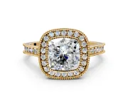 Halo Engagement Ring Setting for Cushion Cut Center with Milgrain Pave Band and Bezel Head in Yellow Gold