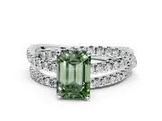 Solitaire Engagement Ring Setting for Fancy Green Emerald Cut Center with Woven 3-Strand Pave Band and Prong Head in White Gold