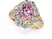 Large Accent Halo Engagement Ring Setting for Fancy Pink Oval Center with Pave Split Shank and Prong Head in Yellow Gold
