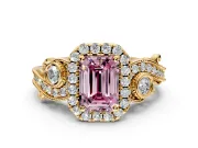 Milgrain Halo Engagement Ring Setting for Fancy Pink Emerald Cut Center with Shoulder Bezels and Prong Head in Yellow Gold