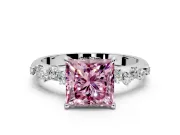 Cluster Engagement Ring Setting for Fancy Pink Princess Cut Center with Round Cut Accent Band and Prong Head in Sterling Silver