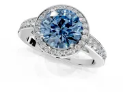 Bezel-Framed Halo Engagement Ring Setting for Fancy Blue Round Cut Center with Pave Band and Prong Head in Platinum
