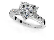 3 Stone Engagement Ring Setting for Heart-Shaped Center with Tapered Baguettes, Plain Band and Prong Head in Sterling Silver