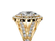 Double Halo Engagement Ring Setting for Oval Center with Narrow Pave Split Shank and Prong Head in Yellow Gold