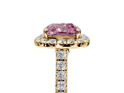 Halo Engagement Ring Setting for Fancy Pink Cushion Cut Center with Narrowing Pave Band and Prong Head in Yellow Gold