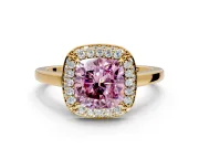 Halo Engagement Ring Setting for Fancy Pink Cushion Cut Center with Plain Tapered Band and Prong Head in Yellow Gold